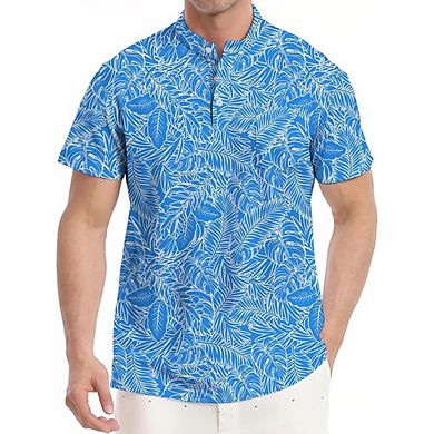 Men's Printed Henley Collarless Golf Polo Shirt Short Sleeve with Pocket