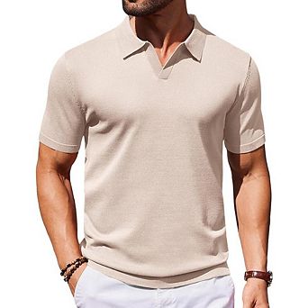 Men's Knit V-Neck Polo Shirt Short Sleeve Stretch Casual Golf Tee