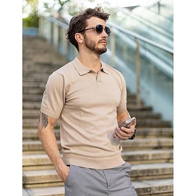Men's Knit V-Neck Polo Shirt Short Sleeve Stretch Casual Golf Tee