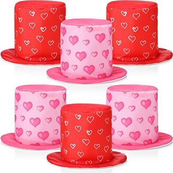 6 pc Valentine's Day Heart Top Hats Set, Pink & Red Party Costume Accessories for Adults