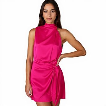 Womens Mock Neck Sleeveless Formal Satin Dress