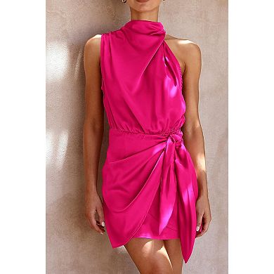 Womens Mock Neck Sleeveless Formal Satin Dress