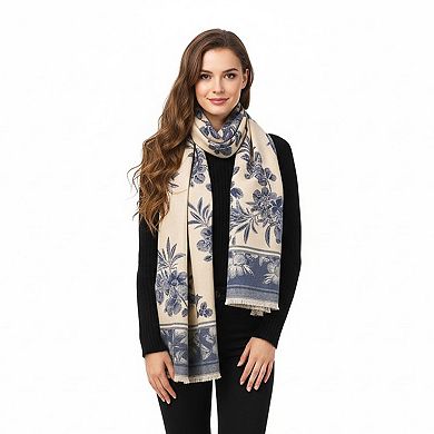 Mellow World Floral Wrap Scarf With Fringe Trim