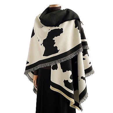 Mellow World Cow Print Wrap With Fringe Trim
