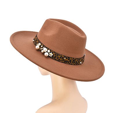 Women's Mellow World Felt Fedora With Leopard & Pearl Band