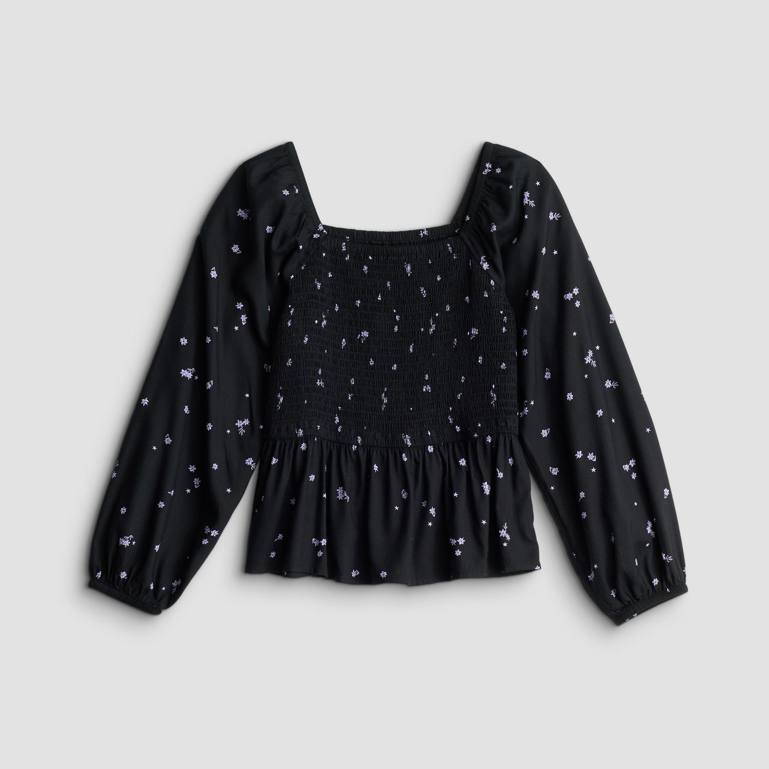 Блузка SO® Long Sleeve Smocked Bodice Blouse для девочек, цвет: Чёрный с принтом