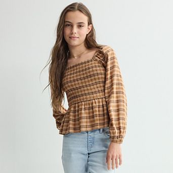 Girls 6-20 SO® Long Sleeve Smocked Bodice Blouse in Regular & Plus Size