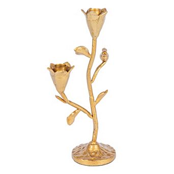 Hello Honey Tall Hand-Forged Cast Iron Candelabra with Flowers and Bird, Gold
