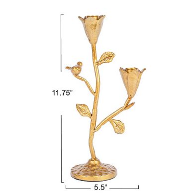 Hello Honey Tall Hand-Forged Cast Iron Candelabra with Flowers and Bird, Gold