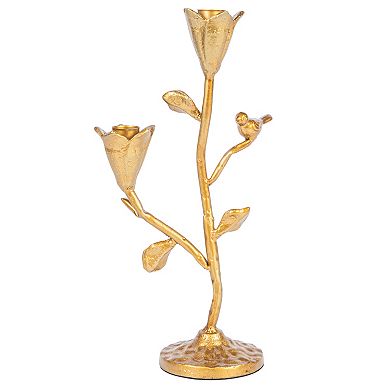Hello Honey Tall Hand-Forged Cast Iron Candelabra with Flowers and Bird, Gold