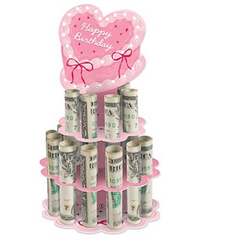 Pink Heart Cake Birthday Money Gift Display, DIY Cash Holder Stand with 20 Bill Slots, Cash Cake