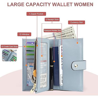 Women's RFID-Blocking Wallet with 10 Card Slots, ID Window, Coin Pocket, Passport Compartment