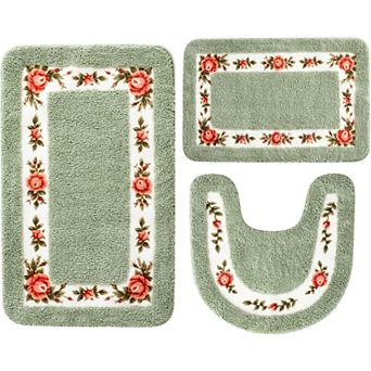 3 pc Rose Flowers Bathroom Rugs Set Coquette Room Decor Floral Carpet