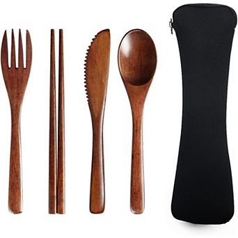4 pc Set With Reusable Wooden Spoon, Fork, Knife and Chopsticks
