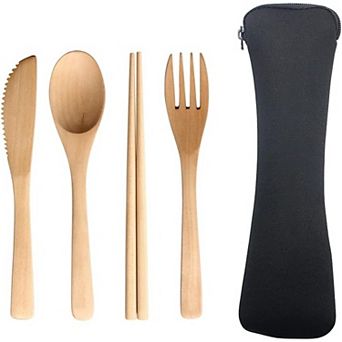 4 pc Set With Reusable Wooden Spoon, Fork, Knife and Chopsticks