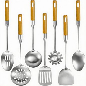 7 pc Stainless Steel Kitchen Utensils Set with Heat-Resistant Wood Handles