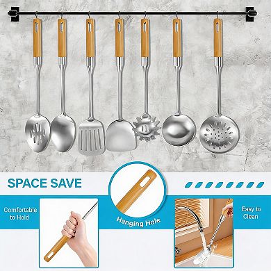 7-Piece Stainless Steel Kitchen Utensils Set with Heat-Resistant Wood Handles