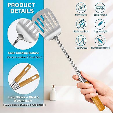 7-Piece Stainless Steel Kitchen Utensils Set with Heat-Resistant Wood Handles