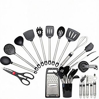 33 pc Silicone Cooking Set with Stainless Handles for Nonstick Cookware