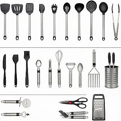 33-Piece Silicone Cooking Set with Stainless Handles for Nonstick Cookware