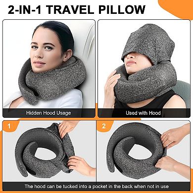 Travel Pillow - Hooded Neck Pillow Airplane Memory Foam Filling for Plane, Office