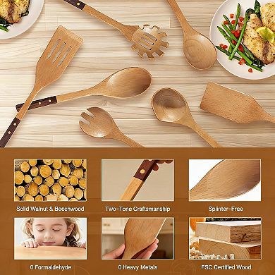 7-Piece Wood Utensil Set - Walnut & Beech, Heat Resistant, Non-Stick Safe
