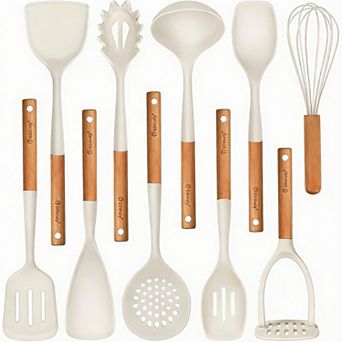 10 pc Silicone Kitchen Utensils Set with Wood Handle