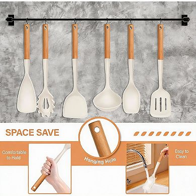 10Pcs Silicone Kitchen Utensils Set with Wood Handle