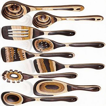 Pakkawood Kitchen Utensils Set: Blue Rainbow Wood, Non-Stick, Easy Clean
