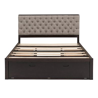 Whisen Wood Queen Size Platform Bed with Storage Headboard, shoe rack and 4 drawers
