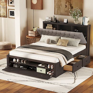 Whisen Wood Queen Size Platform Bed with Storage Headboard, shoe rack and 4 drawers