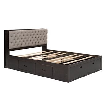 Whisen Wood Queen Size Platform Bed with Storage Headboard, shoe rack and 4 drawers