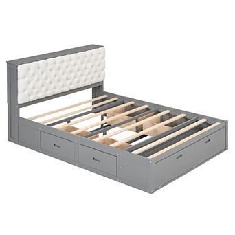 Whisen Wood Queen Size Platform Bed with Storage Headboard, shoe rack and 4 drawers