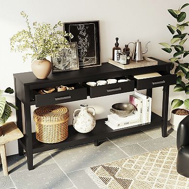 Whisen Farmhouse Console Table with 3 Drawers, Bottom Shelf & Iron Handles