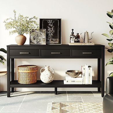 Whisen Farmhouse Console Table with 3 Drawers, Bottom Shelf & Iron Handles