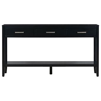 Whisen Farmhouse Console Table with 3 Drawers, Bottom Shelf & Iron Handles