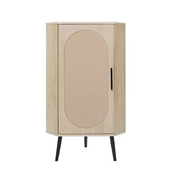 Freestanding Corner Cabinet with Rattan door