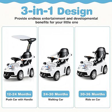 3 In 1 Toddler Push Car Ride On Toy With Canopy And Parent Handle
