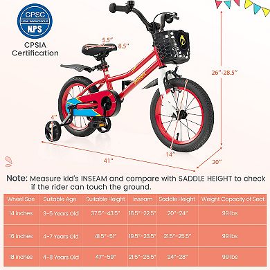 14 Inch Kids Bike With Training Wheels Dual Brakes For Ages 3 To 5