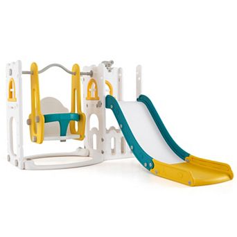 7 in 1 L Shaped Toddler Slide and Swing Set with Basketball Hoop Climber and Storage
