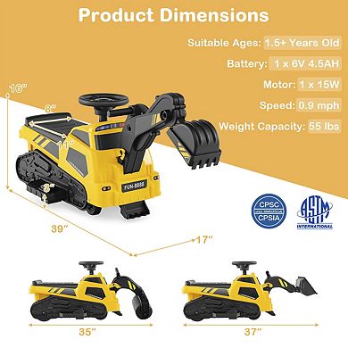 6V Ride On Tractor 3 In 1 Electric Excavator Toy Car With Music