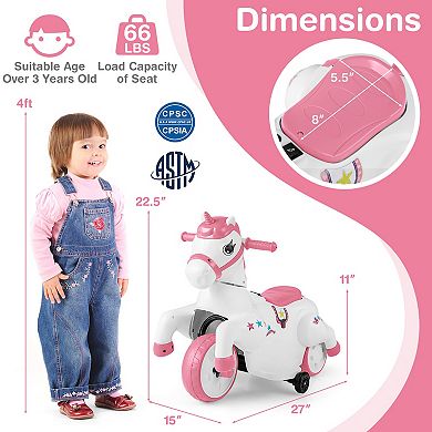 12V Unicorn Ride On Toy with Training Wheels and Horse Riding Mode