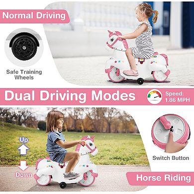 12V Unicorn Ride On Toy with Training Wheels and Horse Riding Mode