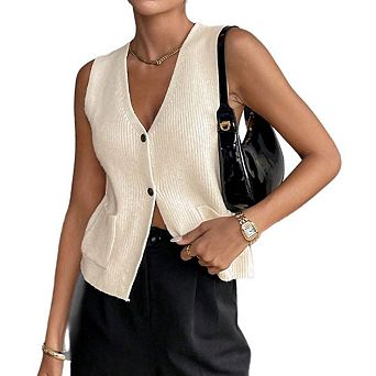 Women's Solid Color Single Breasted Sweater Vest V-Neck Two Pockets Knitted Vest