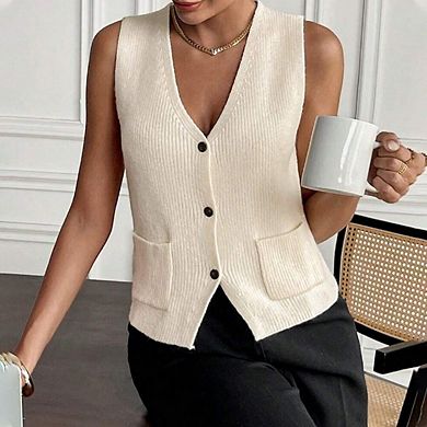 Women's Solid Color Single Breasted Sweater Vest V-Neck Two Pockets Knitted Vest