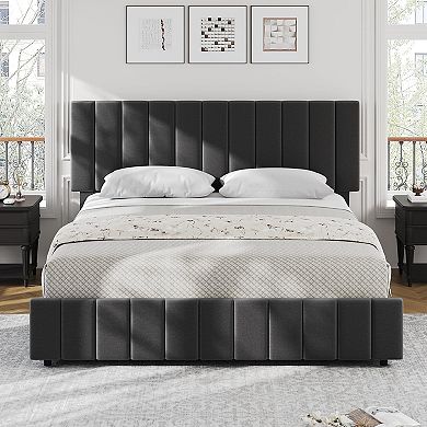Full Upholstered Platform Bed Frame, 4 Storage Drawers & 42.9-45.7" Adjustable Headboard, Wooden