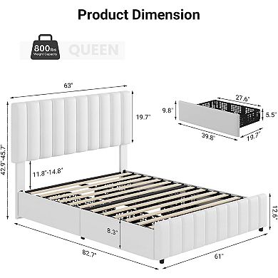 Full Upholstered Platform Bed Frame, 4 Storage Drawers & 42.9-45.7" Adjustable Headboard, Wooden