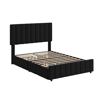 Full Upholstered Platform Bed Frame, 4 Storage Drawers & 42.9-45.7" Adjustable Headboard, Wooden