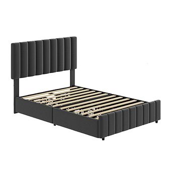 Full Upholstered Platform Bed Frame, 4 Storage Drawers & 42.9-45.7" Adjustable Headboard, Wooden