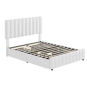 Full Upholstered Platform Bed Frame, 4 Storage Drawers & 42.9-45.7" Adjustable Headboard, Wooden
